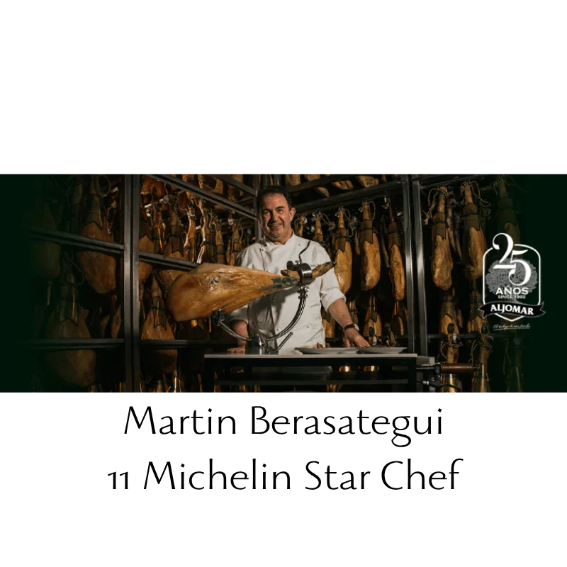 Aljomar Hand-carved Guijuelo Iberian Bellota Ham (100g) 3 Martin Berasatgui in front of full leg of Iberian bellota ham with carving knife