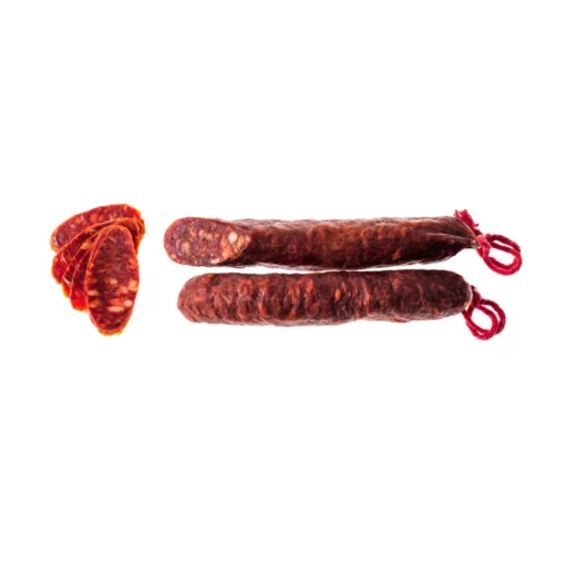 Aro string and spicy chorizo, whole and sliced. 200 grams