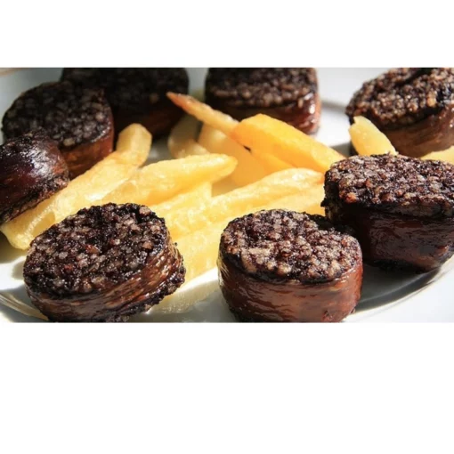 Sotopalacios blood sausage (morcilla) from Burgos displayed on plate with chips