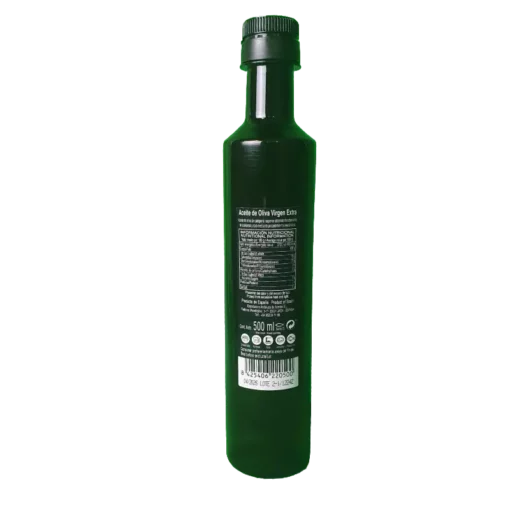 Oro Virgen extra virgin olive oil. 500ml. Plastic bottle- Back showing information