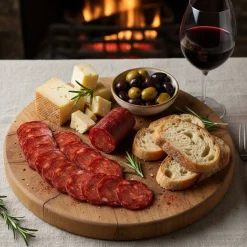 Canipork Sliced Iberian Chorizo Extra (500g) 3 sliced ibeiran chorizo extra on board with cheeses and bread