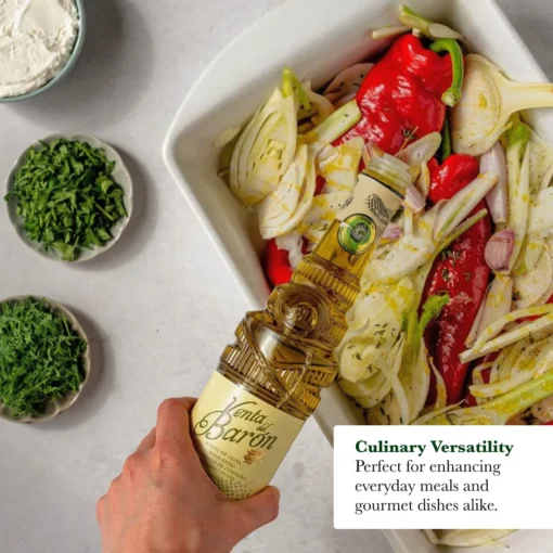 Venta de Barón extra virgin olive oil poured on salad