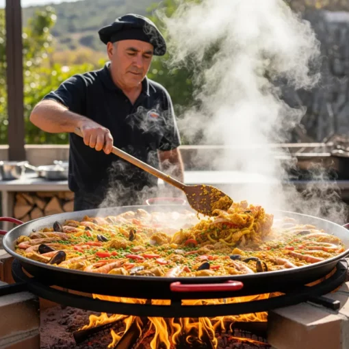Man cooking a large paella
