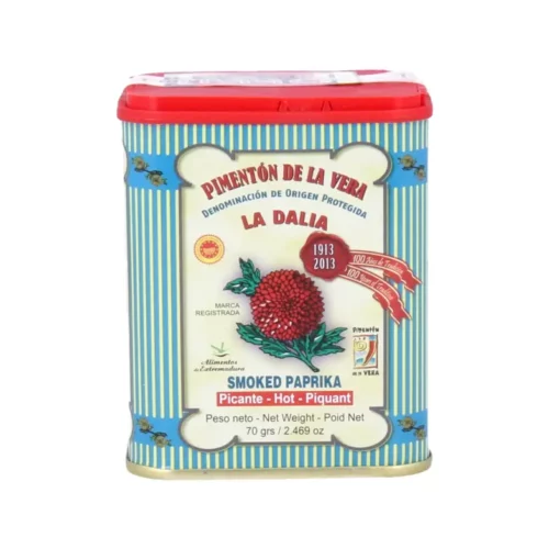Tin of La Dalía hot smoked paprika from Spain. 70g