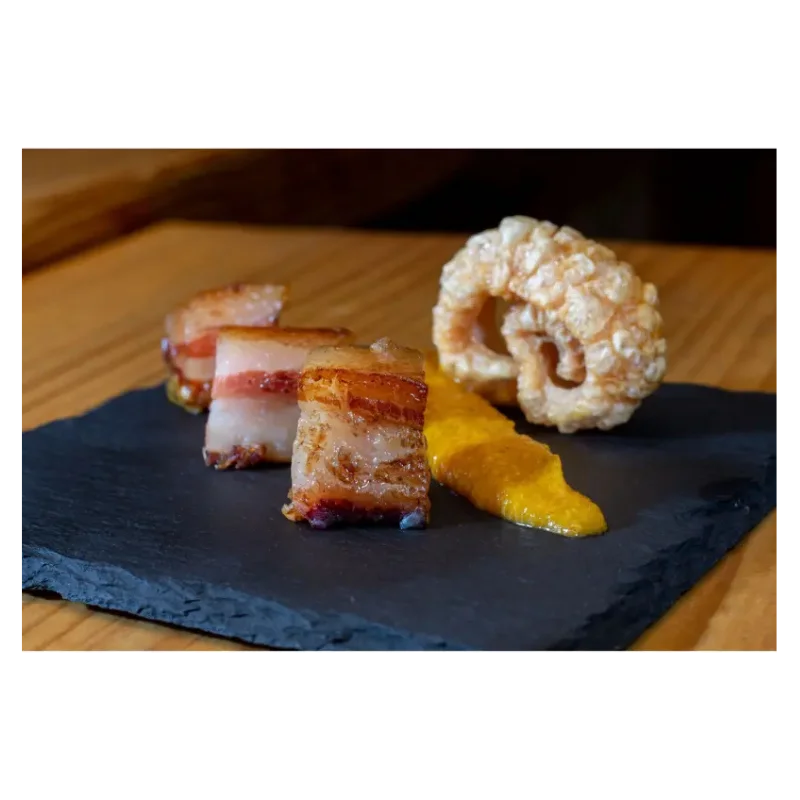Vegafría Crispy Soria Panceta (400g) 3 Vegafría Crispy Soria Panceta served on slate