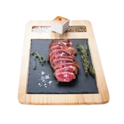 Slate And Bamboo Serving Board with food served